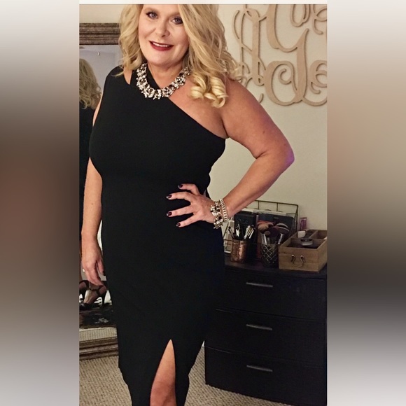 Maggy London Women’s Midi One-Shoulder Little Black Dress with Small Slit - Picture 3 of 3